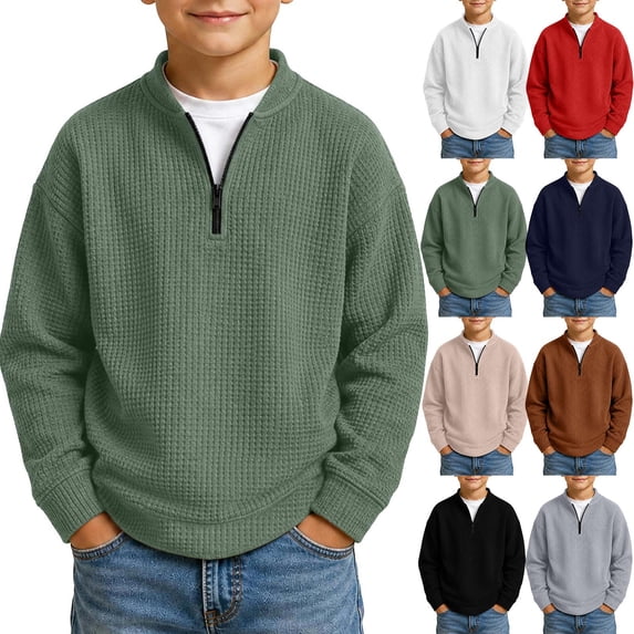 Falkdiz Boys Long Sleeve Sweatshirts Waffle 1/4 Zipper Pullover Winter Outdoor Casual Solid Color Gifts Tops for Boys Henley , Beige , Size: 3-4 Years