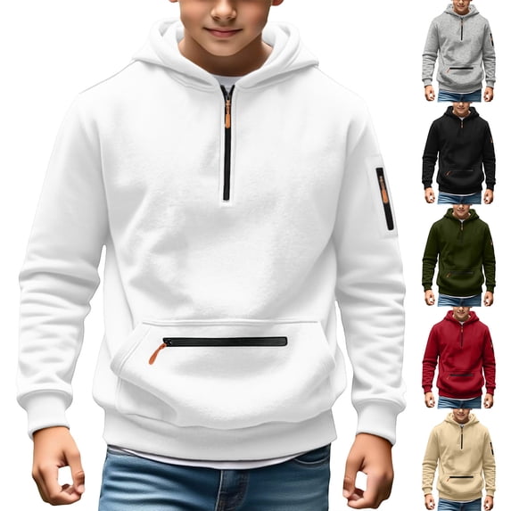 Falkdiz Boys Warm Sweatshirts Winter Hooded Pullover with Pockets Outdoor Casual Travel Shirts for Boys Solid Color,White,Size: 9