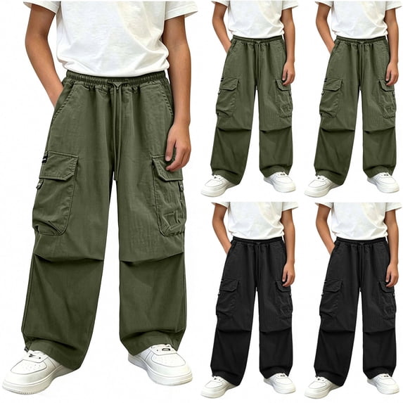 Falkdiz Cargo Pants for Boys Drawstring Wide Leg Pockets Open Bottom Pantalones Relaxed fit Casual Boys Trousers Elastic Waist, Black, Size: 13-14 Years