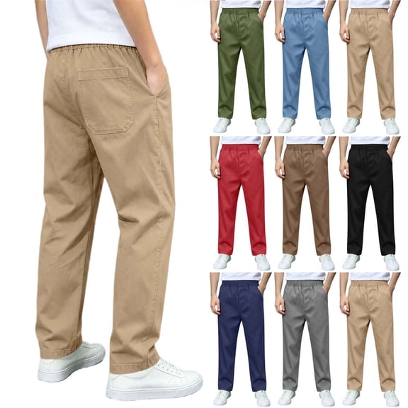 Falkdiz Comfy Pants for Boys Solid Color Back to School Pockets Outdoor Straight Leg Pantalones Trendy Boys Trousers Elastic Waist, Army Green, Size: 5-6 Years