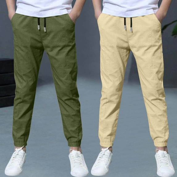 Falkdiz Cotton Linen Pants for Boys Sport Joggers Pockets Drawstring Outdoor Pantalones Relaxed fit Trendy Boys Trousers Elastic Waist, Green, Size: 7 Years