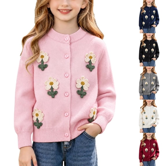 Falkdiz Girls Button Up Sweaters Long Sleeve Floral Embroidery Cotton ...