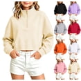 thumbnail image 1 of Falkdiz Girls Cropped Sweatshirts Half Zip Outdoor Pullover Stand Up Neck Winter Casual Daily Long Sleeve Gifts Tops for Girls , Beige , Size: 5-6 Years, 1 of 7