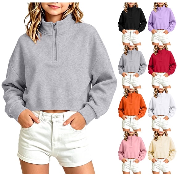 Falkdiz Girls Cropped Sweatshirts Half Zip Stand Up Neck Pullover Winter Casual Outdoor Hoilday Long Sleeve Tops for Girls Gifts , Gray , Size: 14-15 Years
