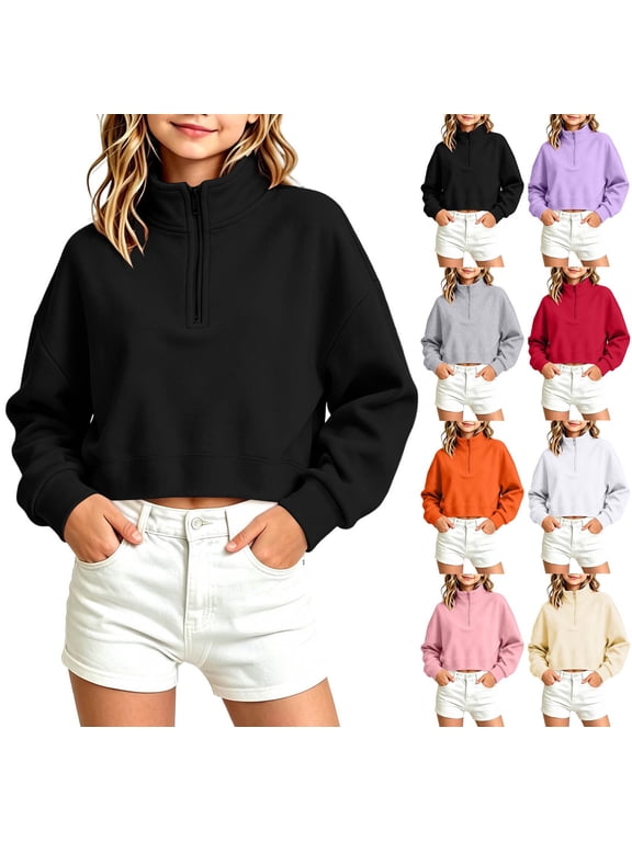 Girls Cropped Sweatshirts Stand Up Neck Half Zip Pullover Winter Outdoor Casual Hoilday Long Sleeve Tops for Girls Gifts , Black , Size: 12-13 Years