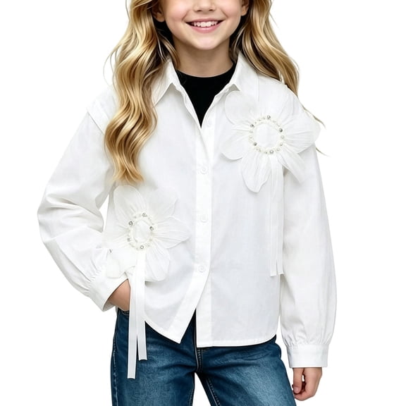 Falkdiz Girls Long Puff Sleeve Shirts Cotton Outdoor Tops Shrunk Washed Winter School Floral Applique Pullover for Girls Collared , White , Size: 3-4Years