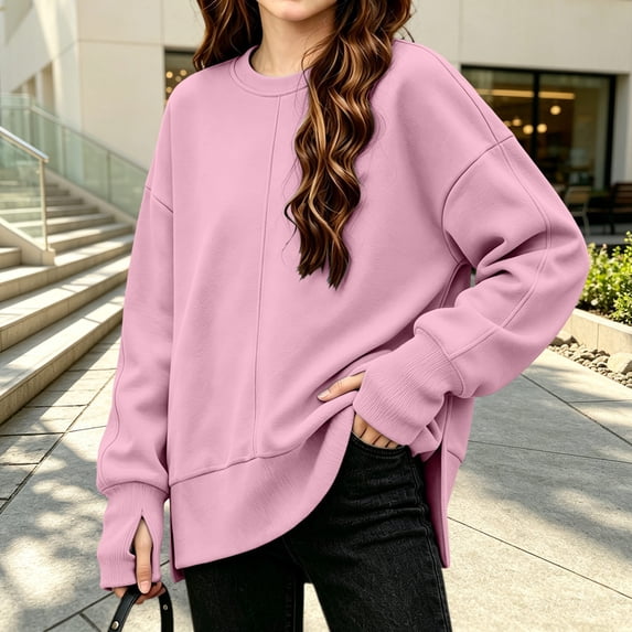Falkdiz Long Sleeve With Mitten-Style Cuffs Shirts for Girls Warm Comfy Tops Winter Outdoor Party Crew Neck Girls Pullover Solid Color , Pink , Size: 7-8 Years