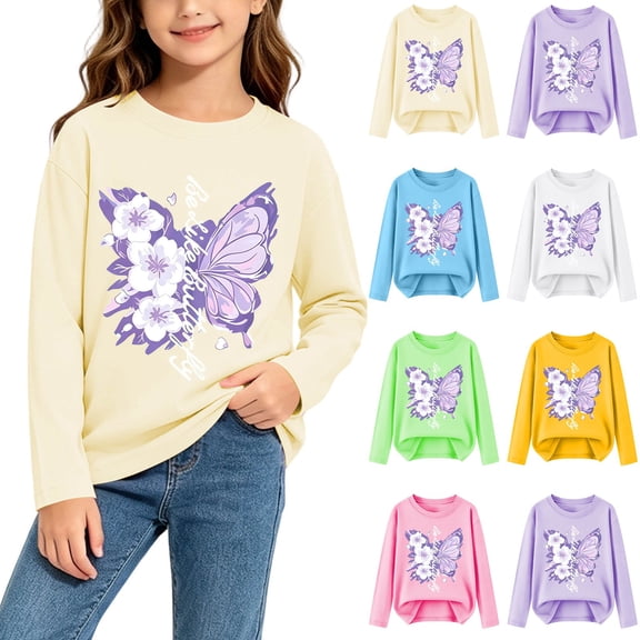 Falkdiz Cotton Shirts for Girls Soft Basic Winter Tops Long Sleeve Outdoor Casual Daily Girls Pullover Crew Neck , Beige , Size: 2-3 Years
