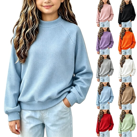 Falkdiz Girls Long Sleeve Shirts Waffle Loose Tops Outdoor Winter Casual Party Pullover for Girls Crew Neck , Light Blue , Size: 13-14 Years