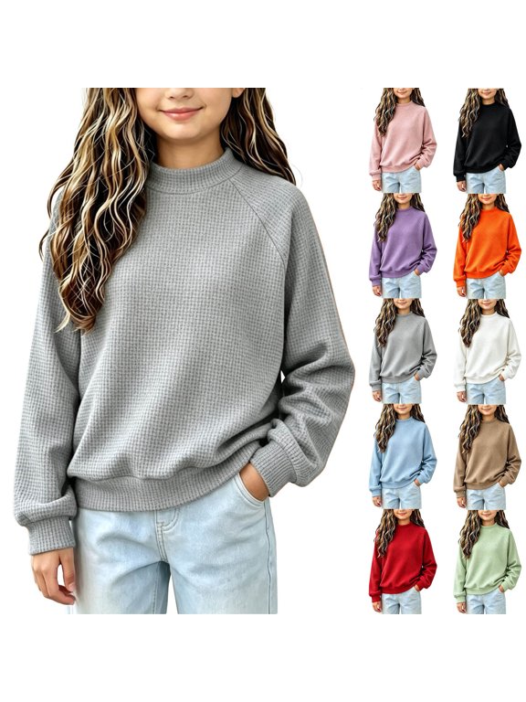 Waffle Shirts for Girls Long Sleeve Outdoor Tops Loose Winter Solid Color School Girls Pullover Crew Neck , Gray , Size: 7-8 Years