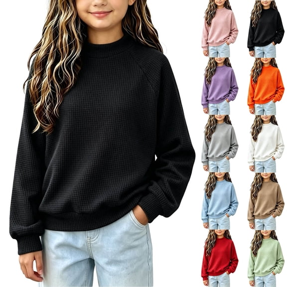 Falkdiz Long Sleeve Shirts for Girls Waffle Winter Tops Loose School Outdoor Solid Color Party Girls Pullover Crew Neck , Black , Size: 5-6 Years