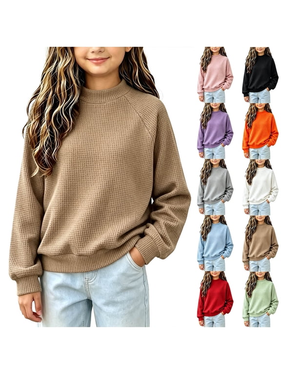 Waffle Shirts for Girls Long Sleeve Loose Tops Winter Outdoor School Solid Color Girls Pullover Crew Neck , Khaki , Size: 5-6 Years