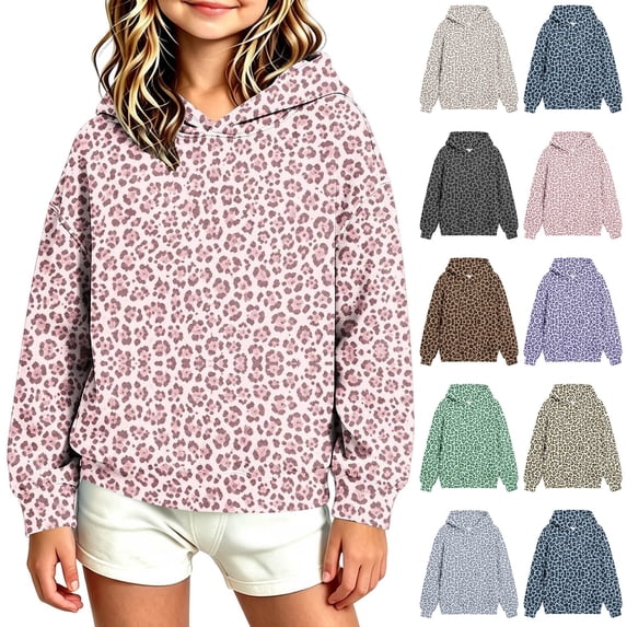Falkdiz Hooded Sweatshirts for Girls Leopard Print Outdoor Pullover Warm Cute School Long Sleeve Gifts Girls Tops Winter , Pink , Size: 7-8 Years