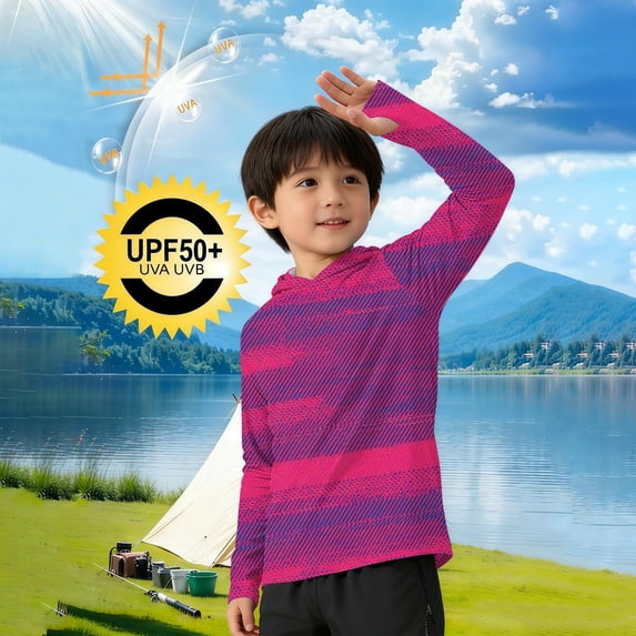 Falkdiz Long Sleeve Coat for Boys Summer Sun Protection UPF 50+ Pullover Casual Lightweight Outdoor Hooded Stylish Graphic Boys Shirts,Hot Pink,Size: 120