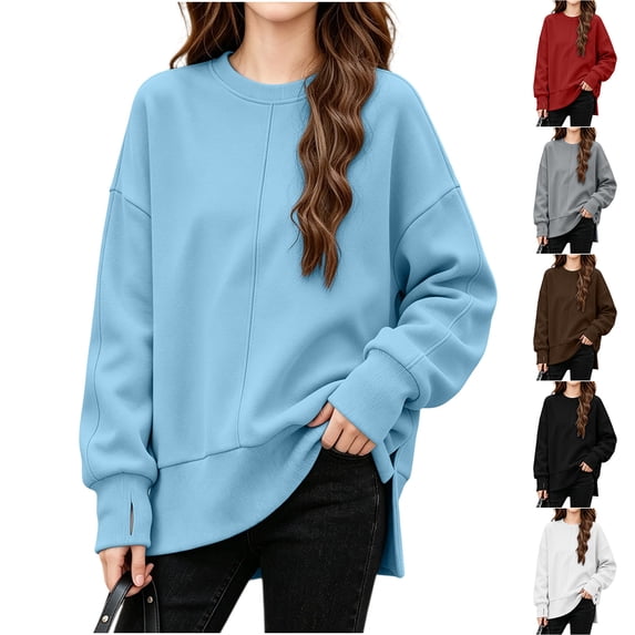 Falkdiz Girls Long Sleeve With Mitten-Style Cuffs Shirts Warm Winter Tops Outdoor Comfy Solid Color Crew Neck Daily Pullover for Girls School , Light Blue , Size: 7-8 Years