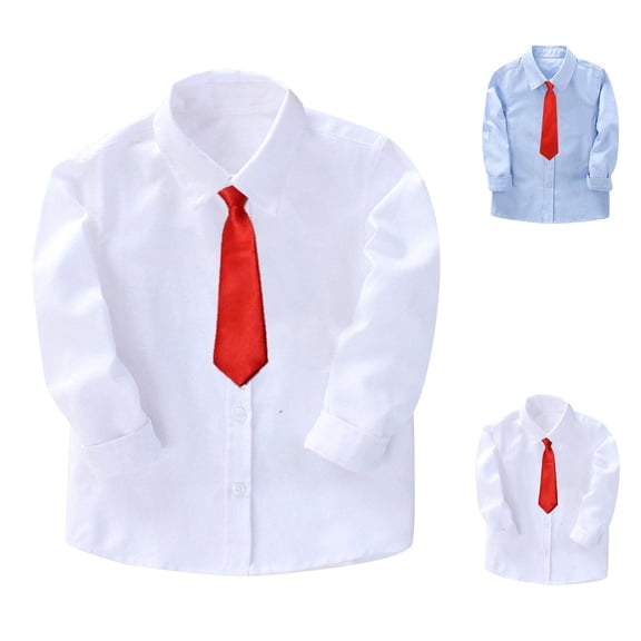 Falkdiz Long Sleeve Shirts for Boys Cotton Button Up Tie Back to School Casual Collar Solid Color Boys Tops,White,Size: 8