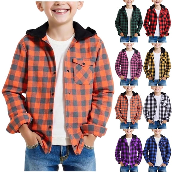 Falkdiz Long Sleeve Shirts for Boys Plaid Button Up with Pocket Outdoor Graphic Trendy Casual Boys Tops,Black,Size: 5