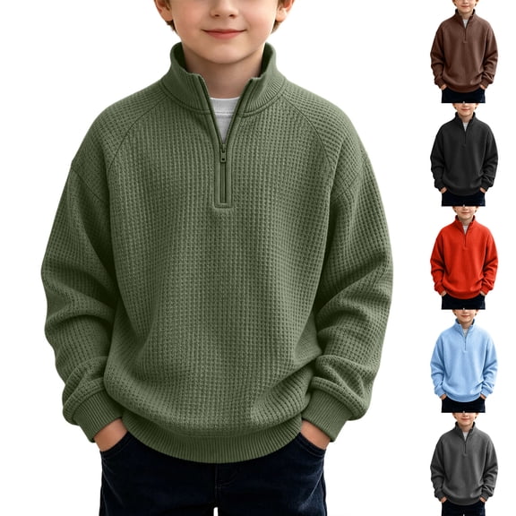 Falkdiz Long Sleeve Shirts for Boys Winter Waffle Pullover Outdoor 1/4 Zipper Casual Stand Up Collar Boys Tshirts Trendy,Army Green,Size: 3