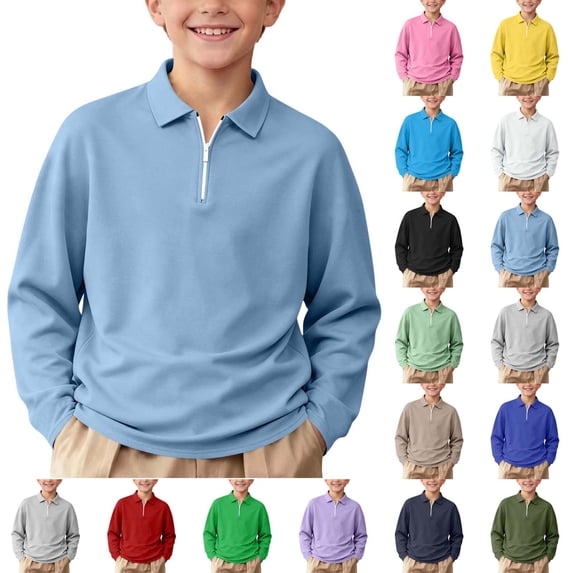 Falkdiz Long Sleeve Shirts for Girls Back to School 1/4 Zipper Pullover Comfy Winter Casual Solid Color Girls Tops Collar , Sky Blue , Size: 7-8Years