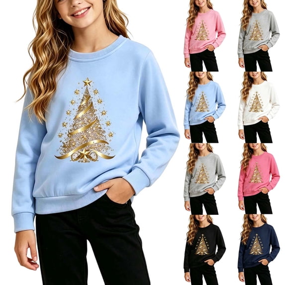Falkdiz Christmas Shirts for Girls Fashion Long Sleeve Tops Outdoor Winter Casual Graphic Crew Neck Girls Pullover , Light Blue , Size: 9-10Years