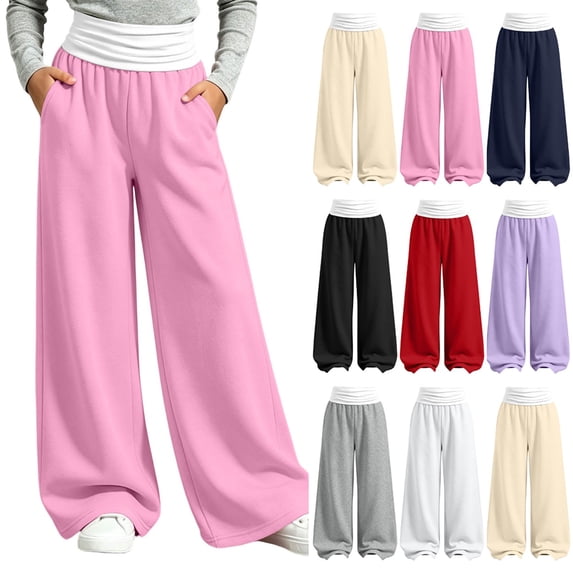 Falkdiz Loose Sweatpants for Girls Outdoor Wide Leg Pockets Open Bottom Relaxed fit Trendy Pantalones Solid Color Girls Pants , White , Size: 14-15 Years