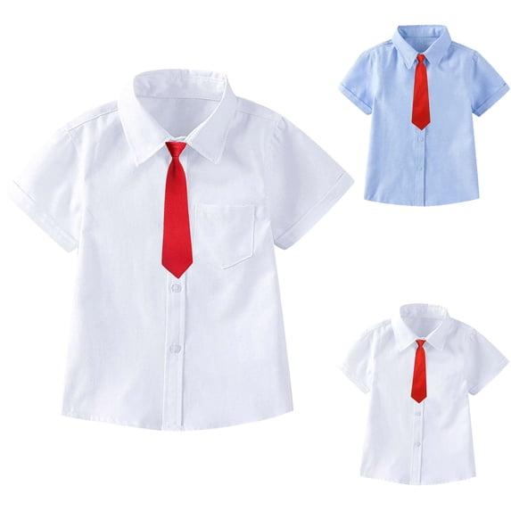 Falkdiz Short Sleeve Shirts for Boys Cotton Tie Button Up Back to School Casual Solid Color Boys Tops Collar,White,Size: 10-11