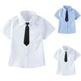 thumbnail image 1 of Falkdiz Short Sleeve Shirts for Boys Cotton Tie Button Up Back to School Solid Color Collar Boys Tops Casual,Beige,Size: 4-5, 1 of 6