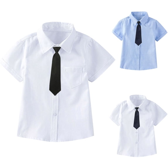 Falkdiz Short Sleeve Shirts for Boys Cotton Tie Button Up Back to School Solid Color Collar Boys Tops Casual,Beige,Size: 4-5