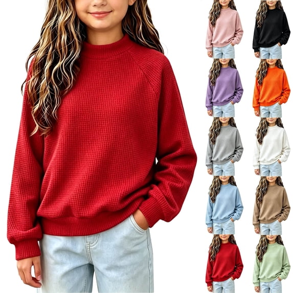 Falkdiz Long Sleeve Shirts for Girls Waffle Loose Tops Winter Casual Outdoor Crew Neck Girls Pullover Solid Color , Red , Size: 5-6 Years