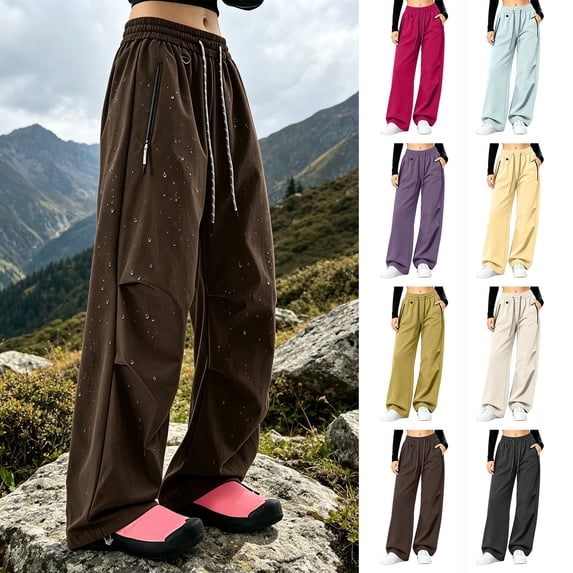 Falkdiz Women's Wide Leg Sweatpants Hiking Quick Dry Waterproof Pockets Sport Pantalones Drawstring Workout Open Bottom Stylish Track Pants for Women High Waist