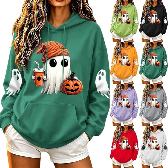 Falkdiz Womens Halloween Sweatshirts Winter Hooded Pullover Casual Graphic Long Sleeve Outdoor Cute Pocket Hoodies for Women