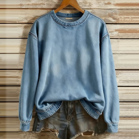 Falkdiz Womens Outdoor Sweatshirts Long Sleeve Comfy Pullover Denim Crew Neck Casual Plain Shirts for Women Trendy