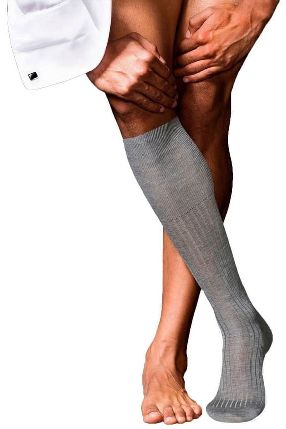 No10 Pure Fil d'Ecosse Smooth Ribbed Knit Knee High Socks - Light Grey Melange