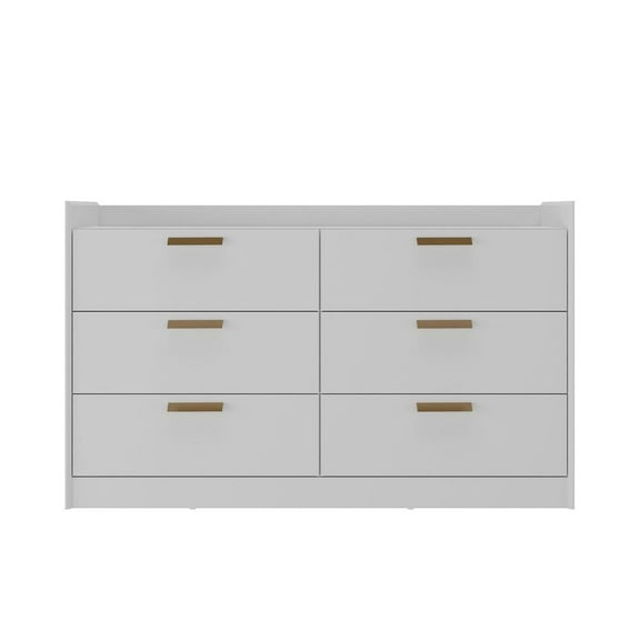 Falkk Furniture Modern Chic White 6-Drawer Dresser Featuring Bronze Handles