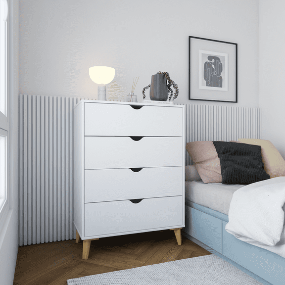 Falkk Furniture - Modern Tall 4-Drawer Dresser - White