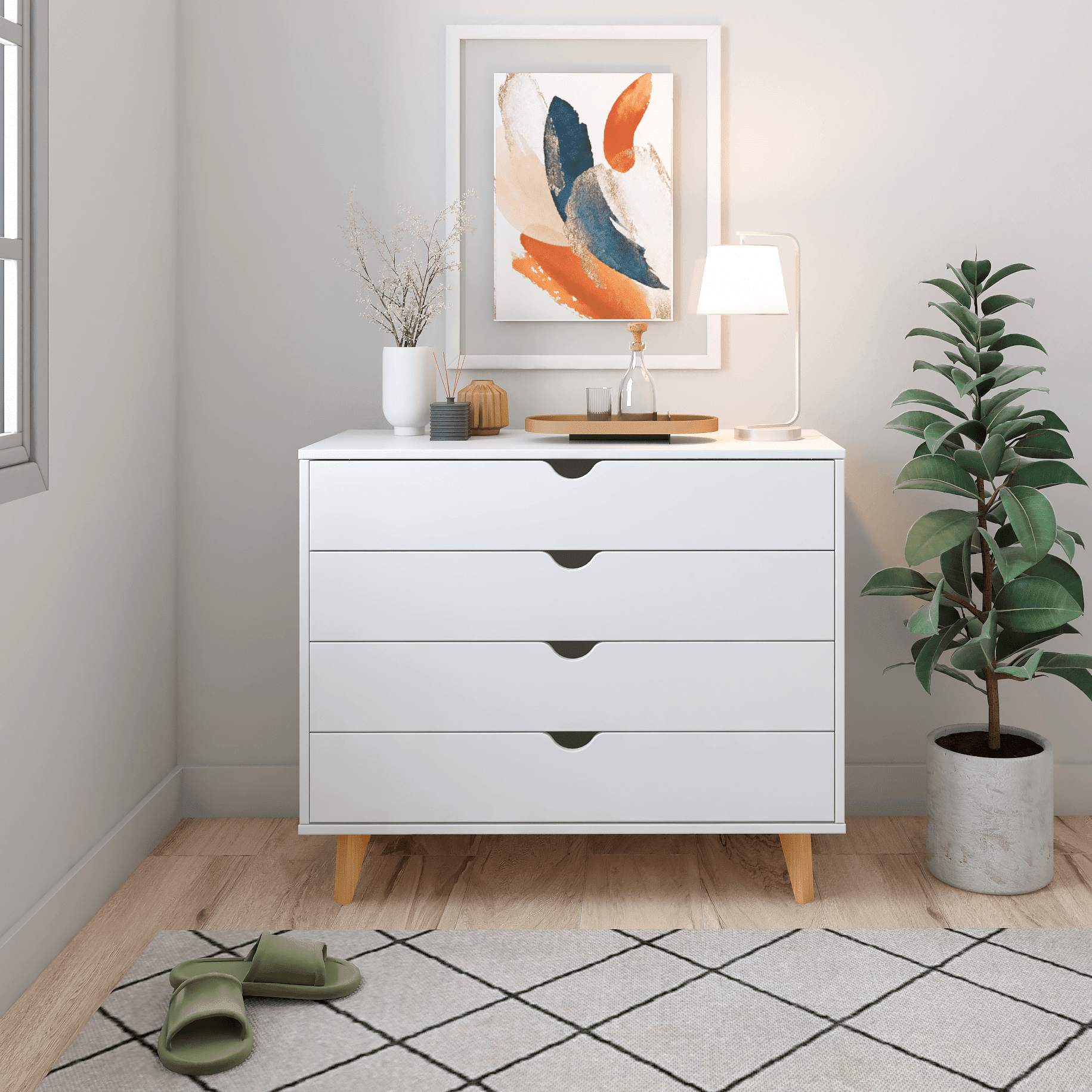Falkk Furniture – Minimalist 4-Drawer 1-Door Dresser – Solid & Sustainable Reforestation Wood Organizer – Black, White, or Natural Wood – Versatile