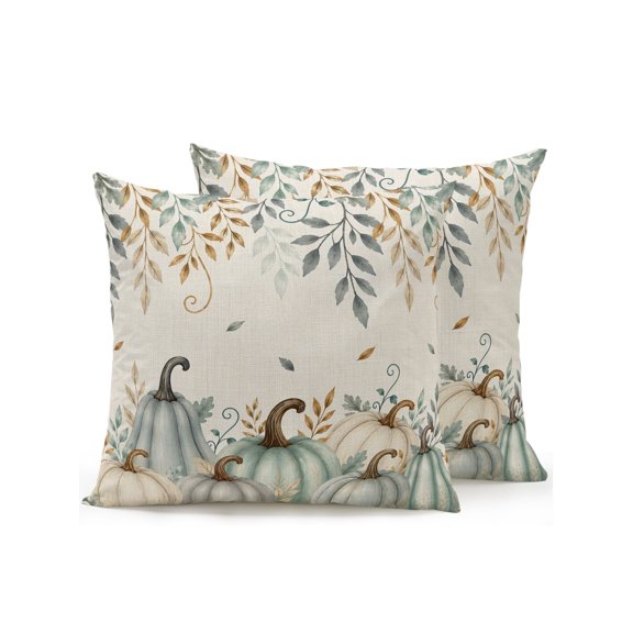 Fall 18x18 Inch Outdoor Throw Pillows with Inserts, Set of 2 Autumn Harvest Teal Green Pumpkins Falling Leaf Linen Waterproof Decorative Square Cushions for Patio Porch Couch Sofa