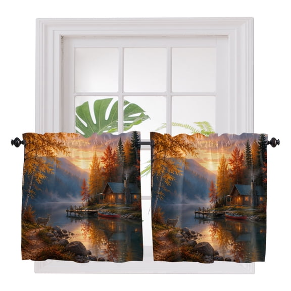 Fall 2 Panel Kitchen Curtains for Small Windows, Autumn Maple Trees Leaves Mountains Cabins Deer Bathroom Tier Curtain, Short Window Treatment for Bedroom/Living Room 55"x24"