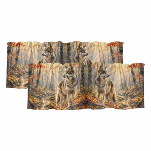 Fall 2 Panels Kitchen Valance, Timber Wolf Orange Maple Leaves Forest Creek Sunbeam Rustic Curtains Valances for Small Windows Rod Pocket Window Treatments for Living Room Bedroom 42" W x 12" L