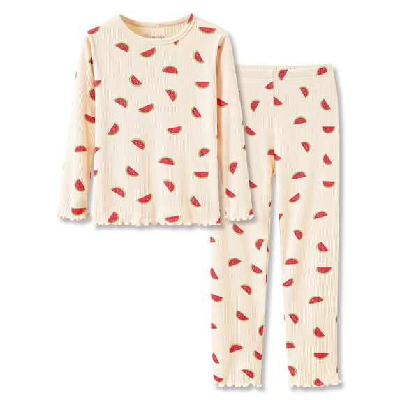 Beezizac Fall 2- Piece Beige Watermelon Pajamas for Toddler Little Girls Ribbed Jersey Long Sleeves & Pants PJ Set Size 6