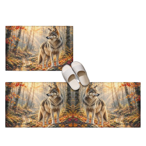 Fall 2 Pieces Non-Slip Kitchen Mat Set, Timber Wolf Orange Maple Leaves Forest Creek Sunbeam Rustic Soft Door Mat with Rubber Backing, Dirtproof Rugs for Entrance Doorway, 23.6x35.4in+23.6x70.9in