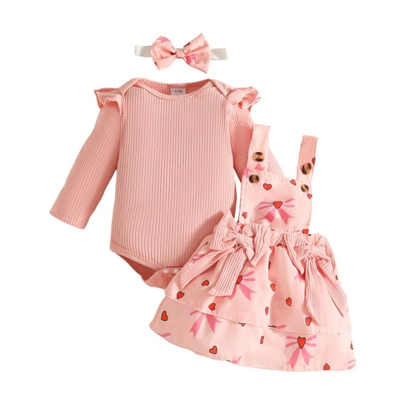 Fall 2 Pieces Outfit Set for Baby Girls Pink Flower Ruffle Long Sleeve Romper with Bow Sleeveless Dress and Headband Newborn Infant Autumn Clothes