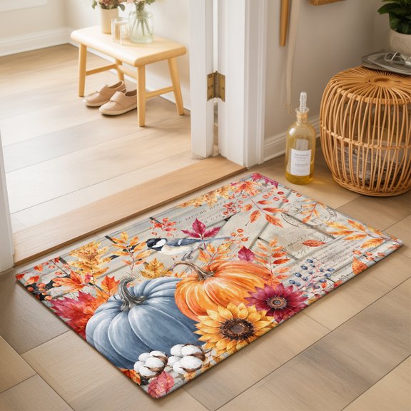 Fall 2'x3' Small Rugs for Entryway Front Door Kitchen Sink Area, Harvest Orange Blue Pumpkins Maple Leaf Sunflower Bird Wood Soft Sturdy Mats Washable Non Slip Rectangle Area Rug