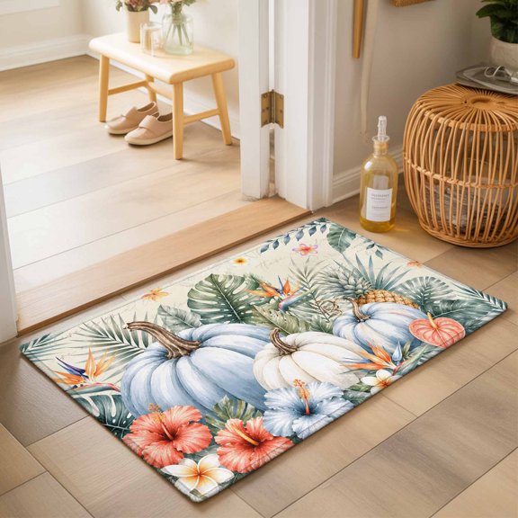 Fall 2'x3' Small Rugs for Entryway Front Door Kitchen Sink Area, Tropical Leaf Floral Blue White Harvest Pumpkins Rustic Soft Sturdy Mats Washable Non Slip Rectangle Area Rug