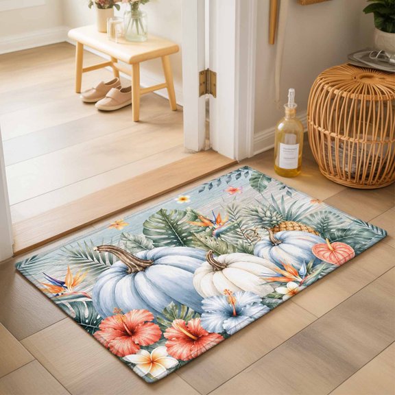 Fall 2'x3' Small Rugs for Entryway Front Door Kitchen Sink Area, Tropical Leaf Floral Blue White Harvest Pumpkins Wood Soft Sturdy Mats Washable Non Slip Rectangle Area Rug
