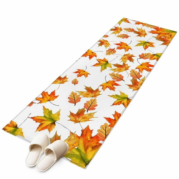 Fall 2'x6' Runner Rug, Thanksgiving Watercolor Orange Green Maple Leaf Washable Non-Slip Area Rugs for Hallway Kitchen Floor Bedroom Entryway, Laundry Carpet Decoration Indoor Mat