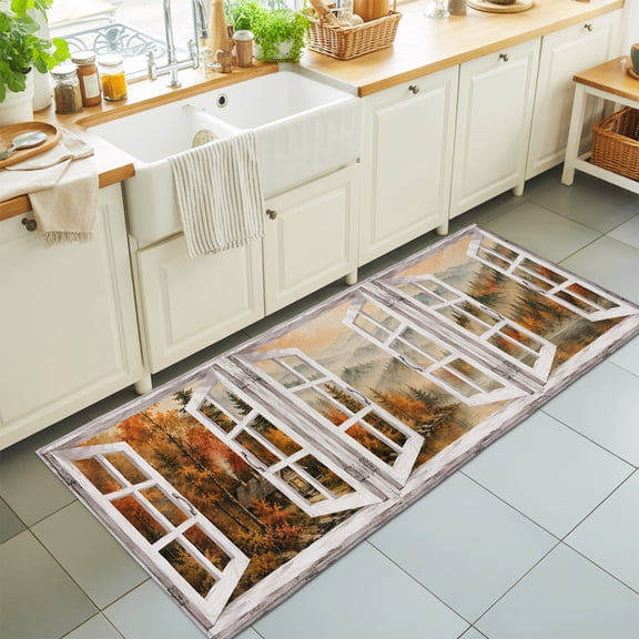 Fall 2'x6' Runner Rugs for Hallway Walkway Kitchen Galley, Rustic Open Window Golden Green Pine Trees Forest Landscape Soft Sturdy Washable Mats Non Slip Long Corridor Area Rug