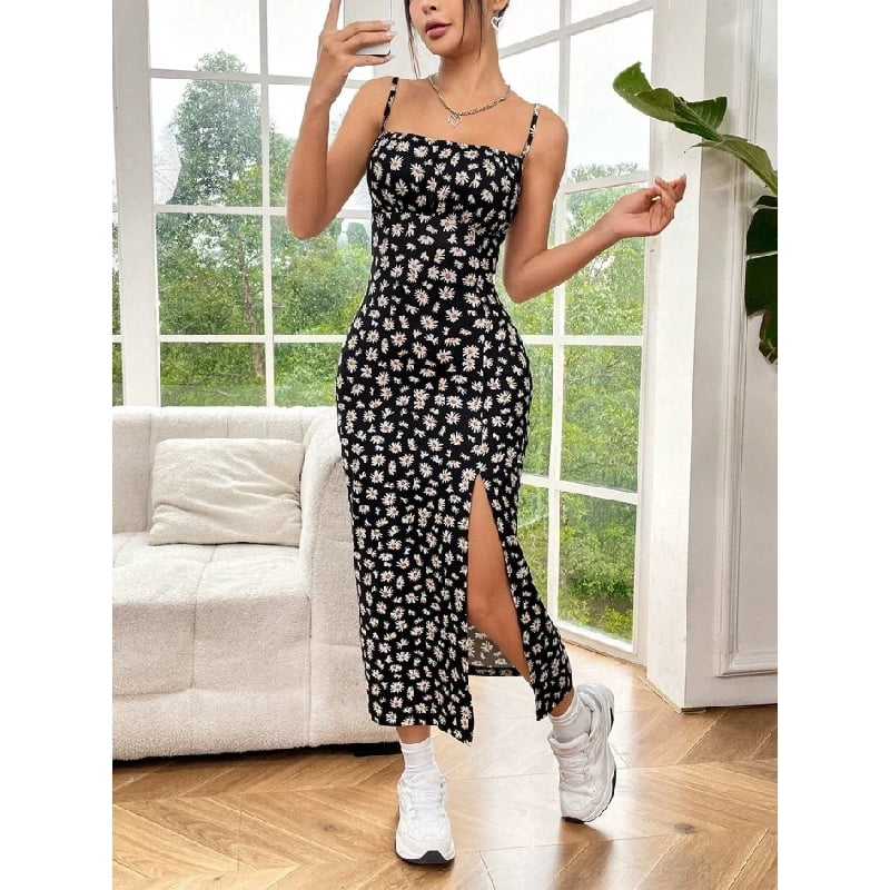 Fall 2025 Long Dress Strapless Wrap Chest High Slit Daisy Leopard
