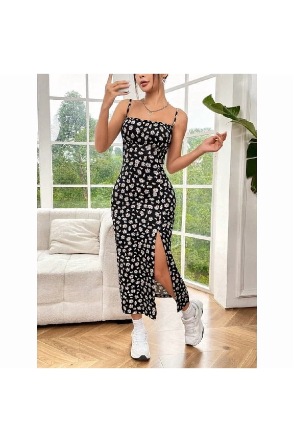 Fall 2025 Long Dress Strapless Wrap Chest High Slit Daisy Leopard Print Wrap around Skirt Maxi Dress
