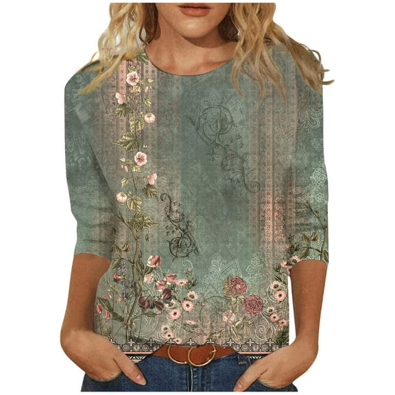 Fall 3/4 Length Sleeve Tops for Women 2024 Floral Print Blouse 3/4 Sleeve Crew Neck Plus Size Tshirts Dressy Casual Tunics Going Out Tops for Women Fall Fall Fashion for Women 2024 (Green)